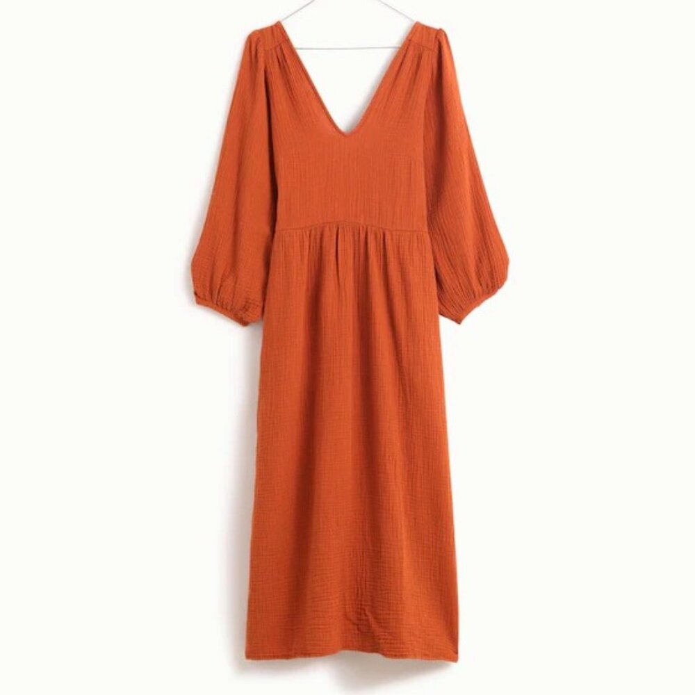 MADEWELL Lightspun V-Neck Midi Dress, Burnt Clay Orange, Sz XXS